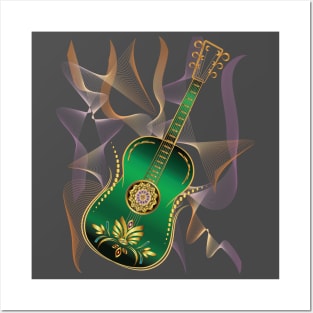 Luxury Metalic Green Golden Guitar instruments Posters and Art